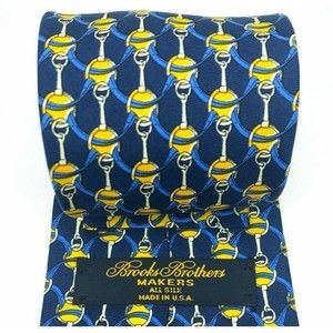 BROOKS BROTHERS MAKERS All Silk Equestrian Motif Blue Yellow Necktie Made in USA